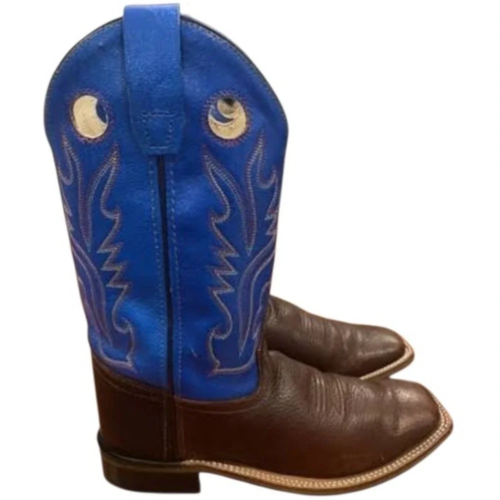 Old West Kids Leather Western Cowboy Boots Brown Blue Square Toe Size 4 USA Rode